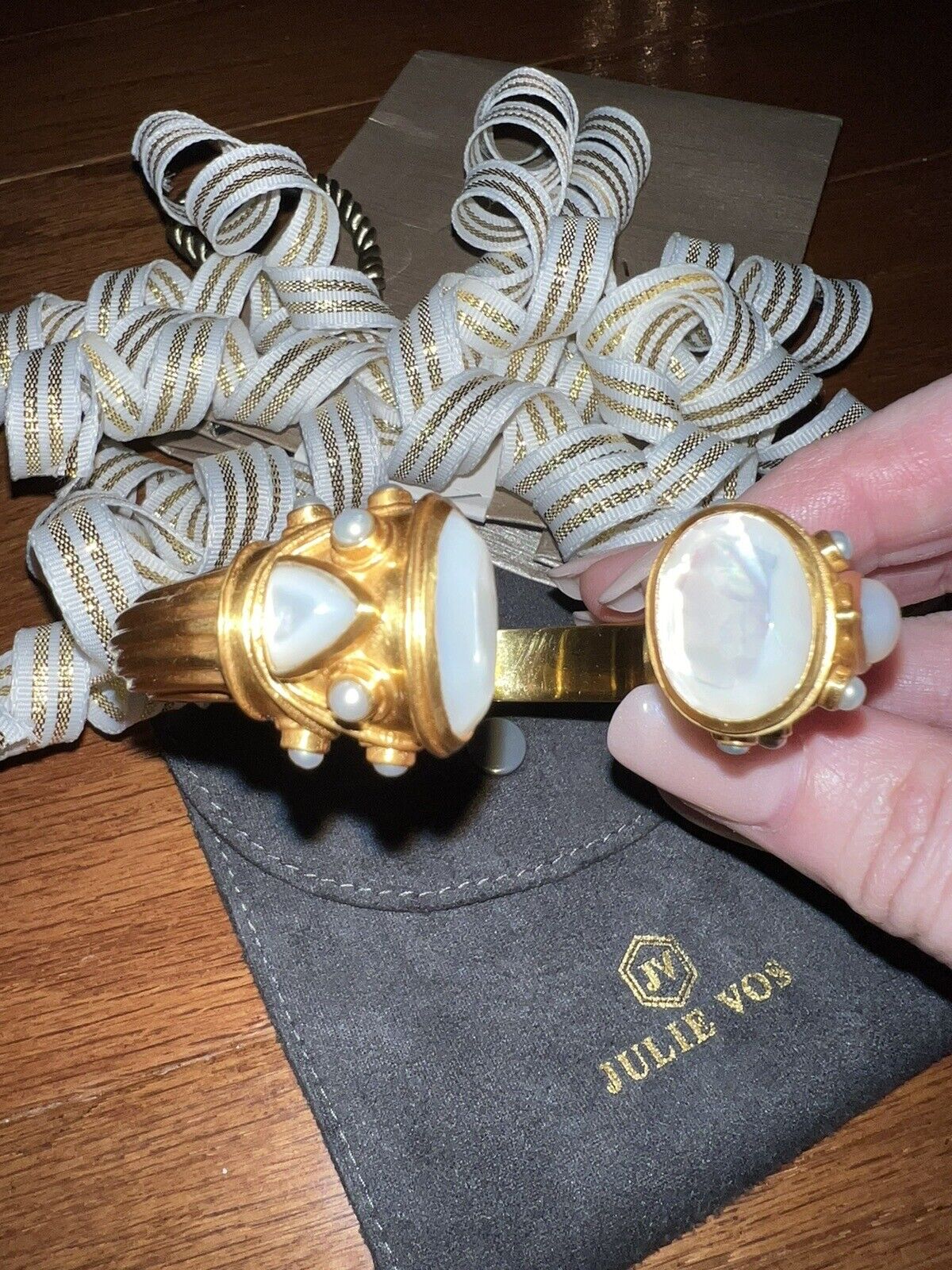 Julie Vos Hinged Bangle Cuff Bracelet 24k Gold Plate & Creamy White