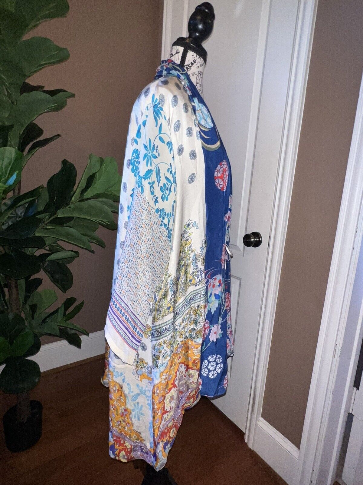 Johnny Was 100% Silk Kimono Sz PL Petite Large Wrap Jacket Cardigan FLAWS READ