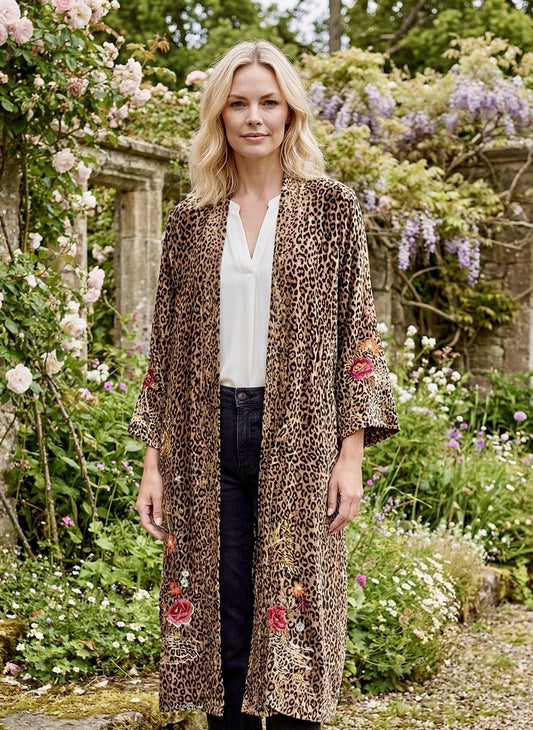 Johnny Was L Animal Print Velvet Long Kimono Duster Coat Jacket Embroidered Johnny Was