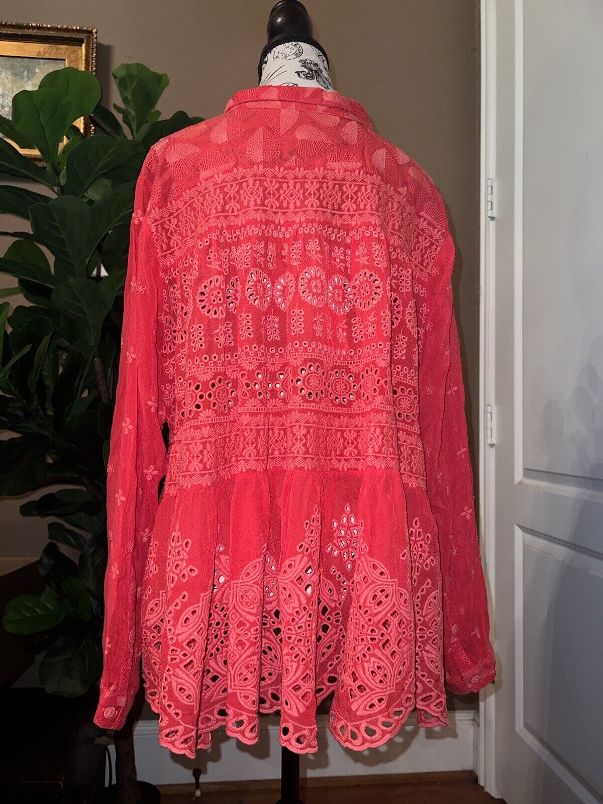 Johnny Was Sz XL Silky Coral Red Tunic Top Eyelet Embroidery