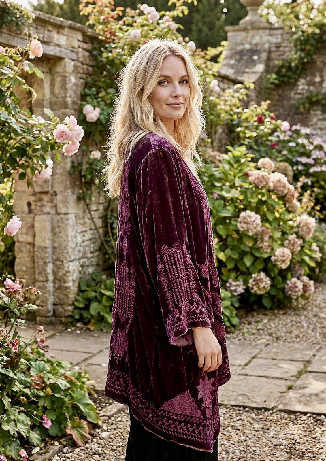 Johnny Was XL Wine Red Velvet Kimono Wrap Embroidery Cardigan Lightweight Jacket Johnny Was