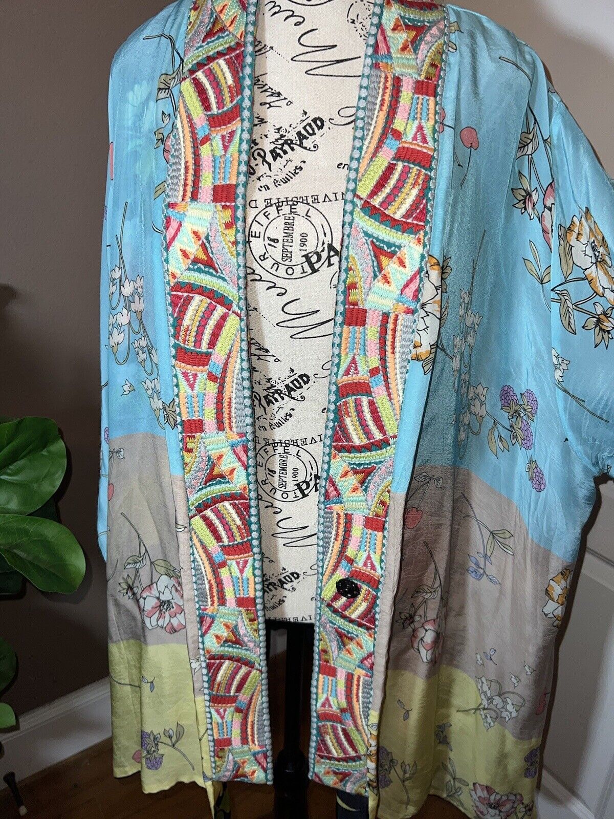 Johnny Was Sz L Silky Kimono Duster REVERSIBLE Embroidered Wrap  Floral