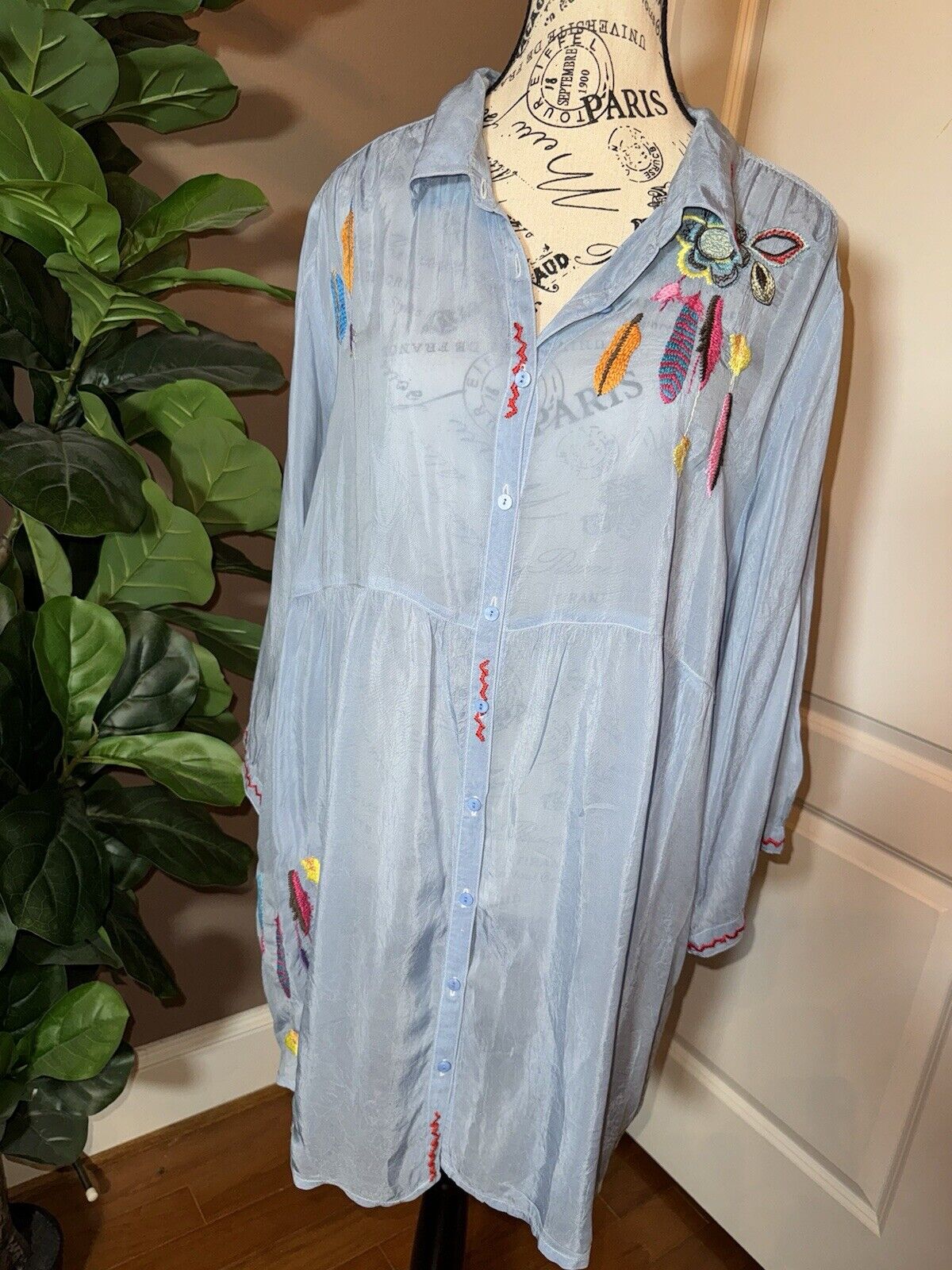 Johnny Was XL Soft Blue Babydoll Mini Dress Peplum Tunic Top Embroidered