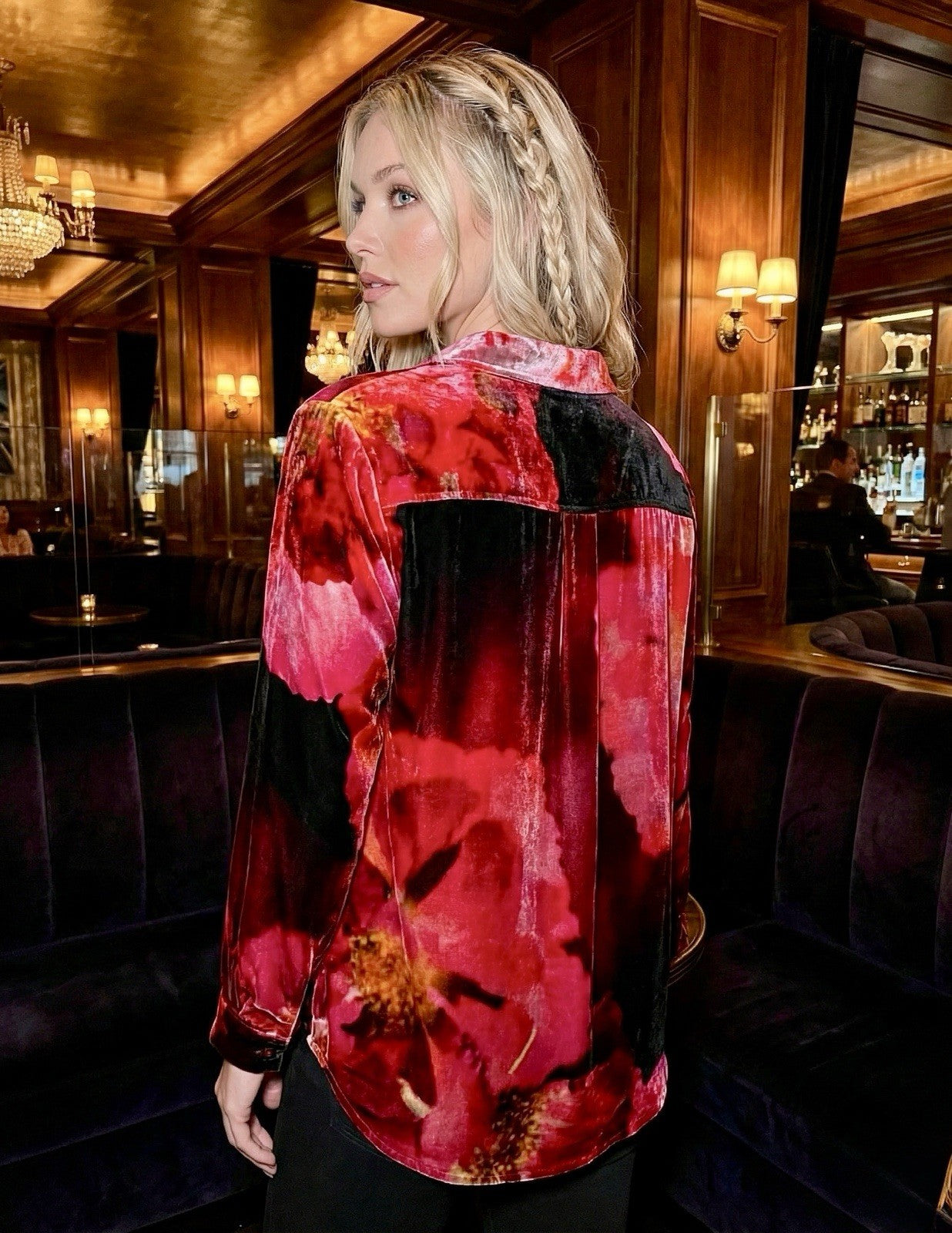 Johnny Was L Large Velvet Button Up Shirt Blouse Top Red Pink & Black Johnny Was