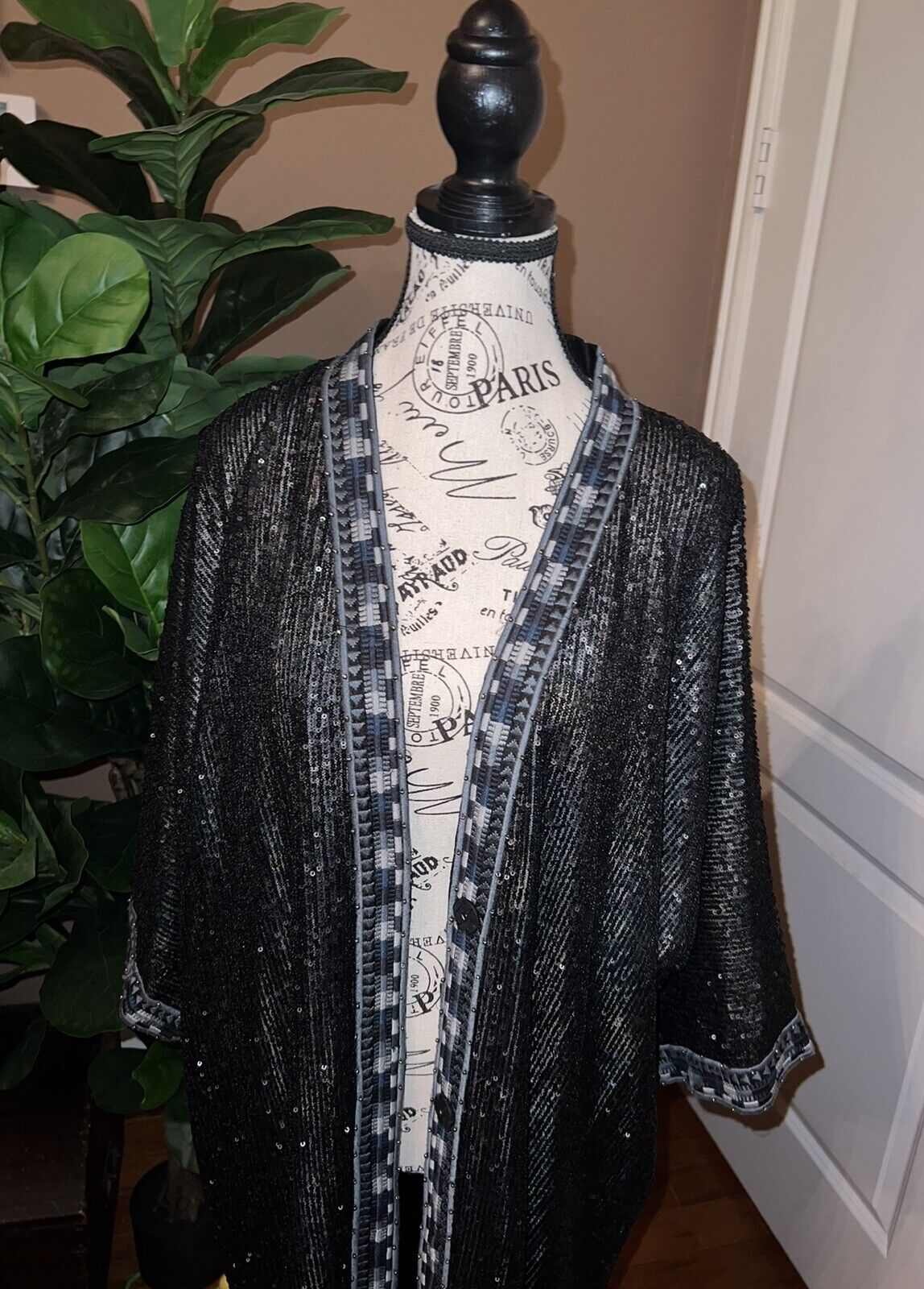 Johnny Was XL Long Silk & Sequin Black KIMONO Duster Wrap REVERSIBLE OVERSIZ