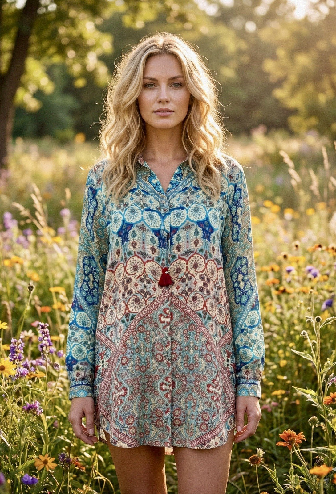 Johnny Was L 100% Silk Button Up Blouse Tunic Top Long Sleeve Lightweight Cool Johnny Was