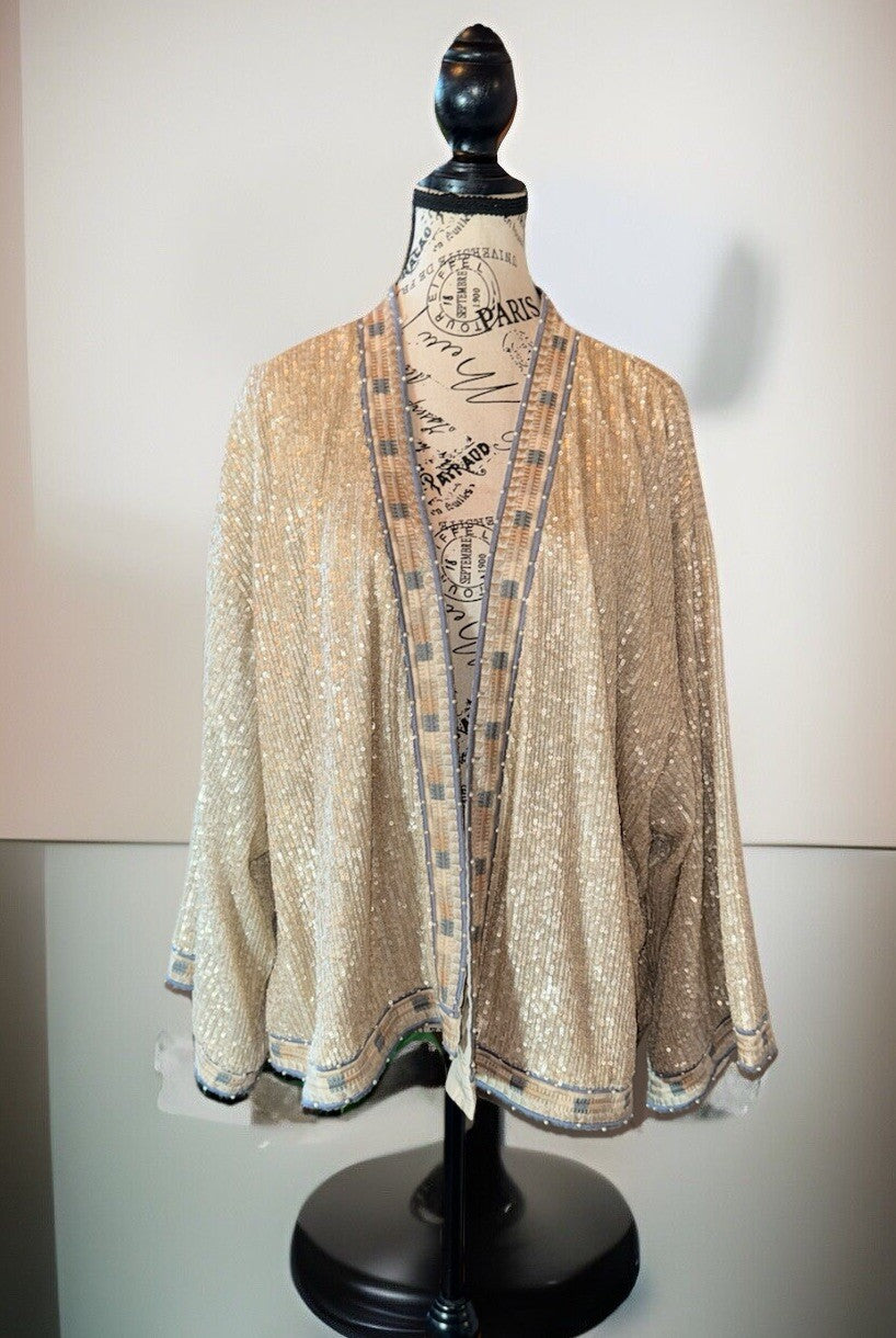 Johnny Was L Large Silk & Sequins Ivory KIMONO Jacket Wrap Pearl Accents Johnny Was