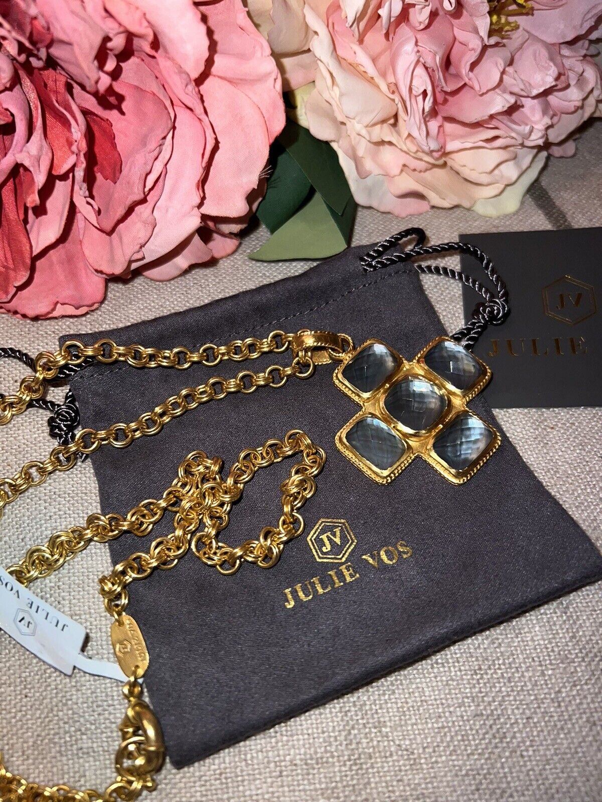 Julie Vos Charcoal Blue & 24k Gold Plate Cross Statement Necklace & Pendant