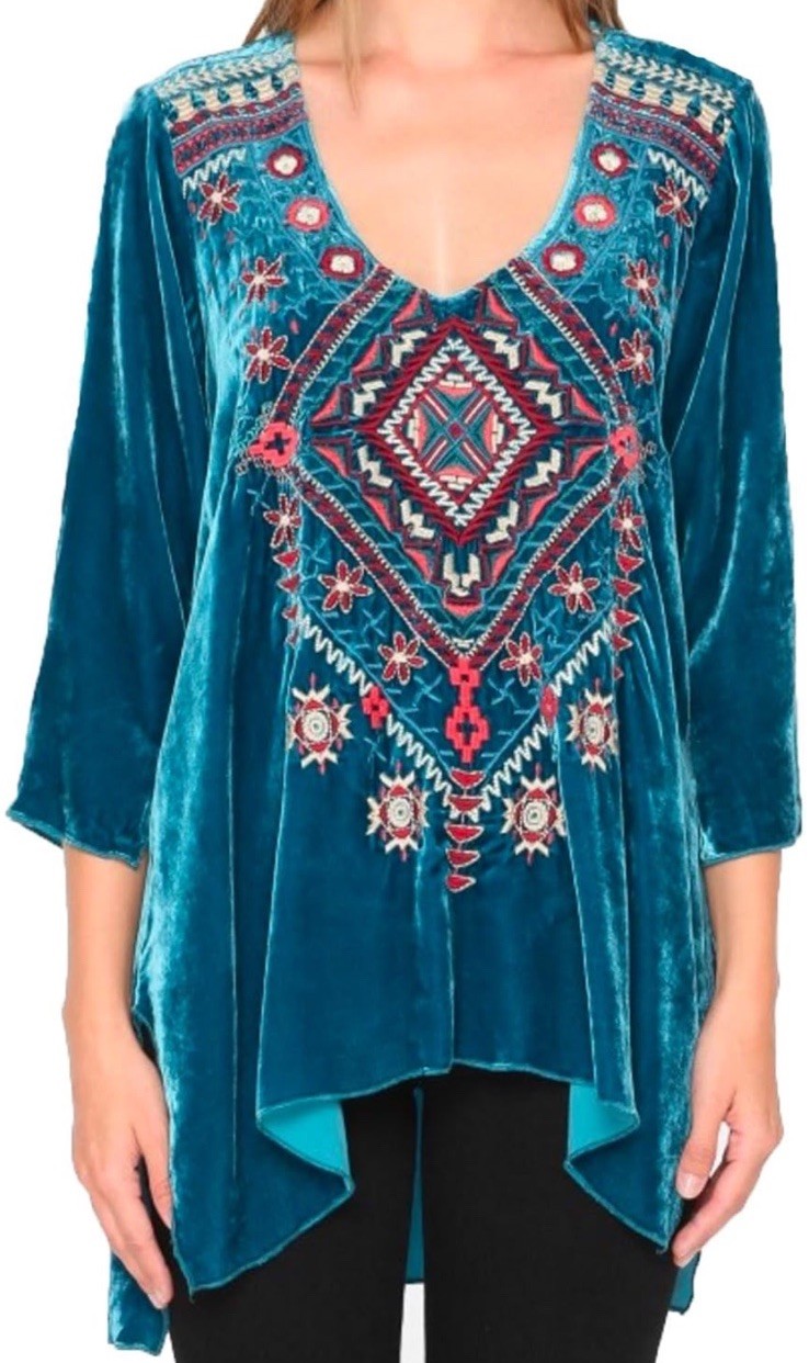 Johnny Was 1X Plus Turquoise Blue Velvet Tunic Top Long Sleeve Blouse Shirt Johnny Was
