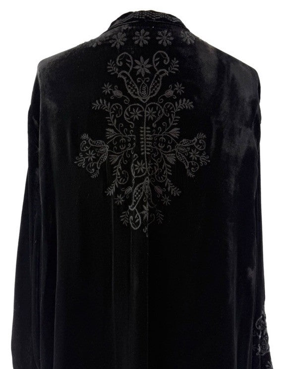 Johnny Was XL Black Velvet Kimono Wrap Cardigan Tonal Cross Embroidery Back Johnny Was