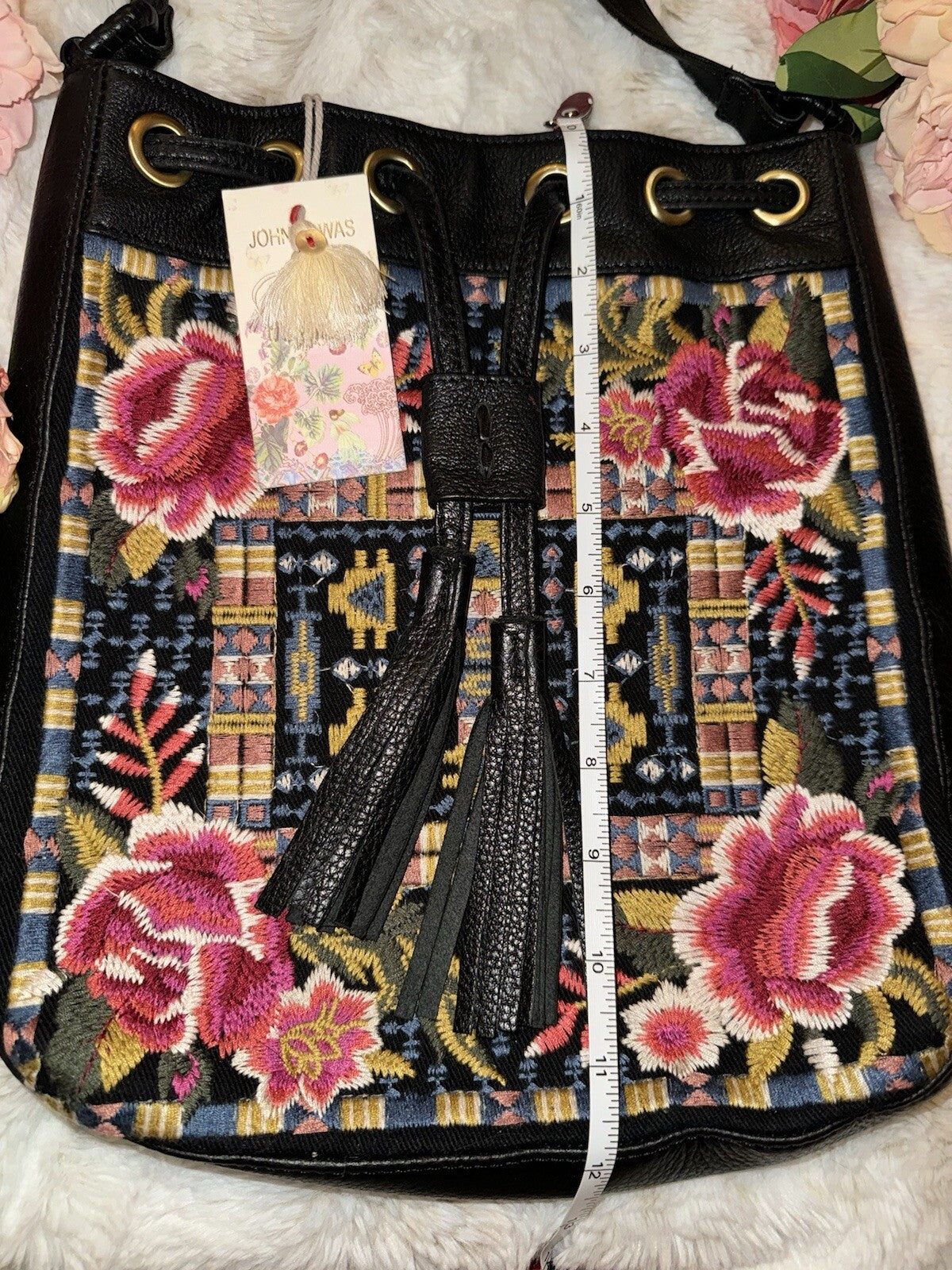 Johnny Was Black Leather Tote Bag Purse Crossbody Hobo Bucket Tassels Johnny Was