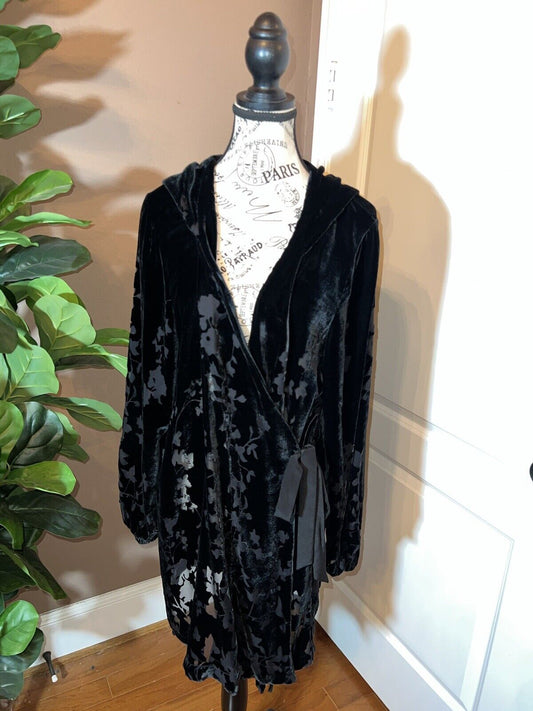 Johnny Was Black Burnout Velvet Sz L Large Luxurious Wrap Kimono Hoodie