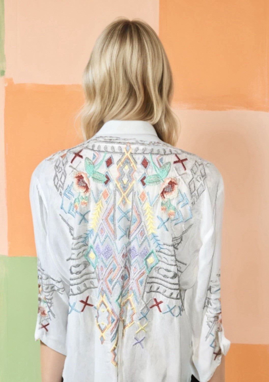 Johnny Was L Silky White Button Up Cool Embroidered Peasant Blouse Top Tunic Johnny Was