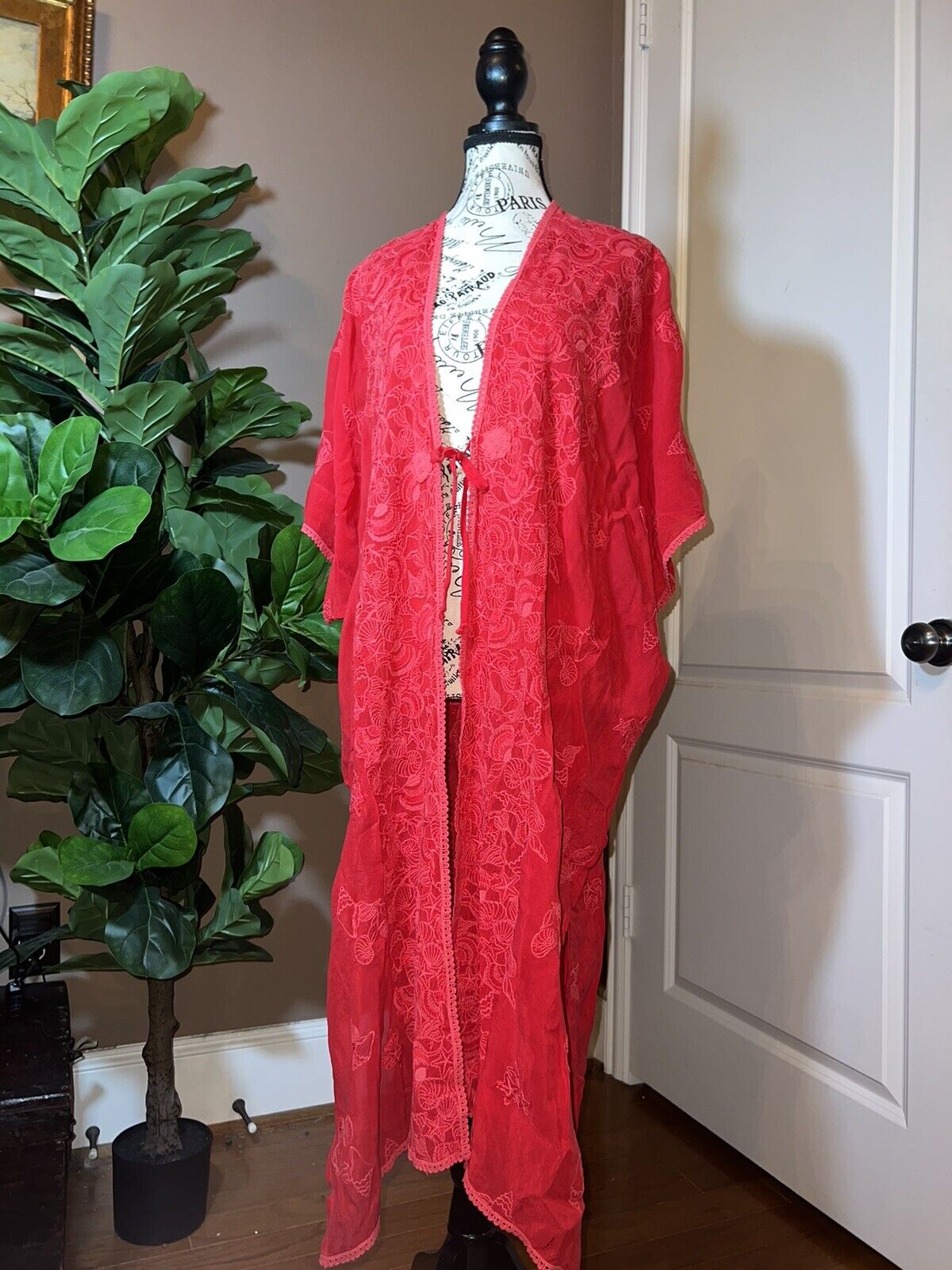 Johnny Was O/S Silky Embroidered Kimono Wrap Dress Cover Up Red Raspberry