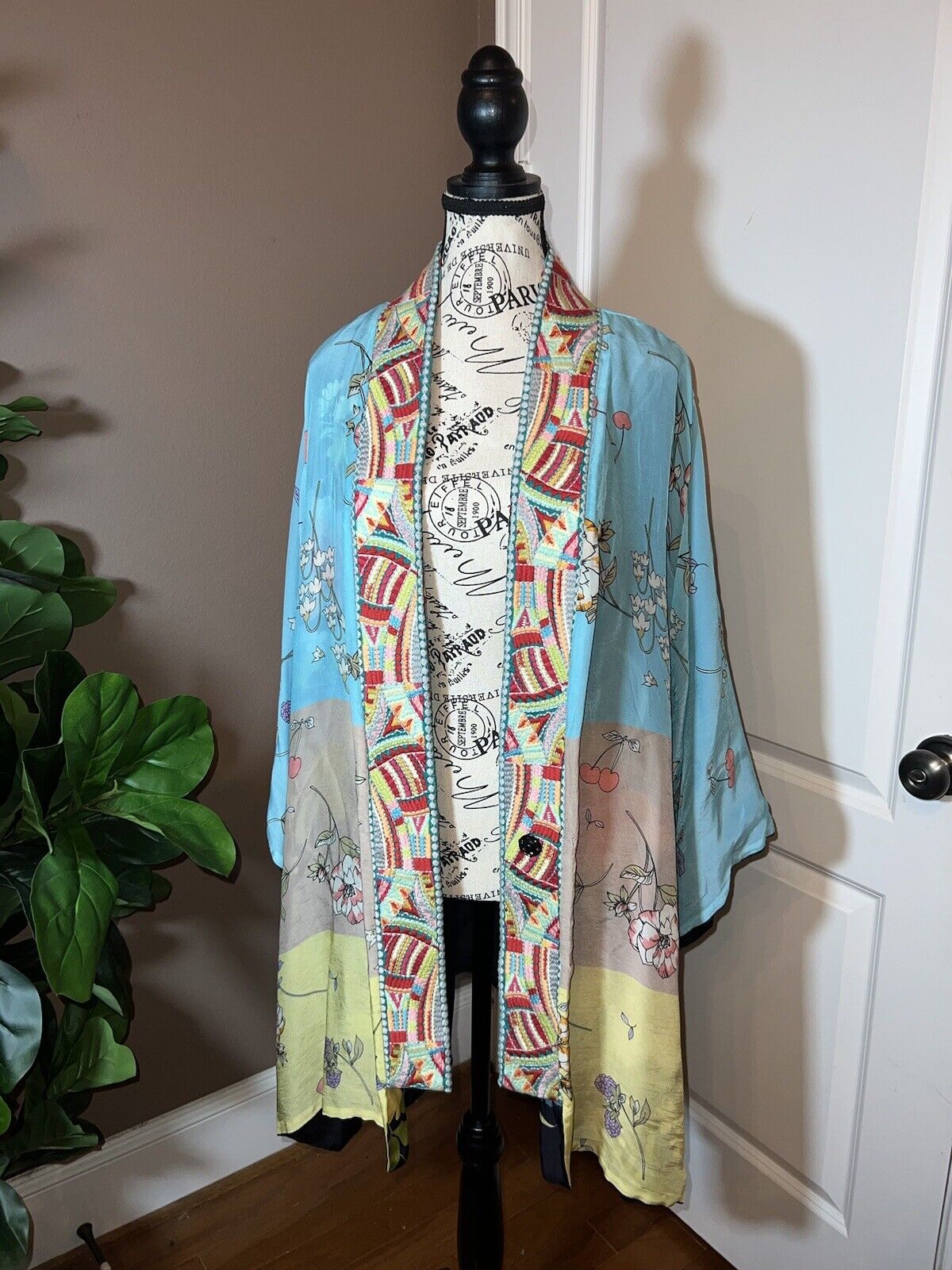 Johnny Was Sz L Silky Kimono Duster REVERSIBLE Embroidered Wrap  Floral