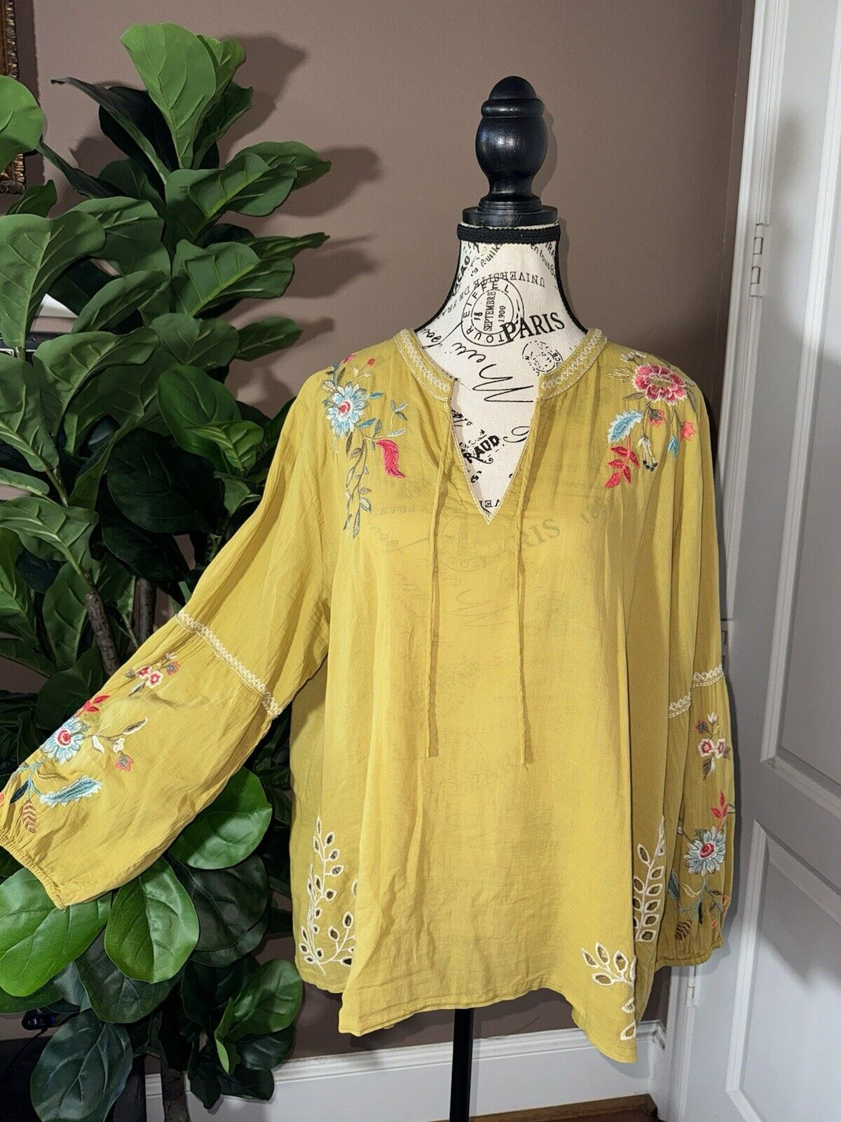 Johnny Was XL 1X 1XL Harvest Gold Tunic Peasant Top Floral Embroidered