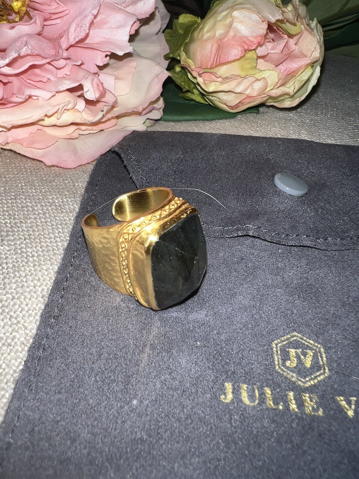Julie Vos Sz 9 Cuff Ring ADJUSTABLE Real Labradorite & 24k Gold Plated Julie Vos