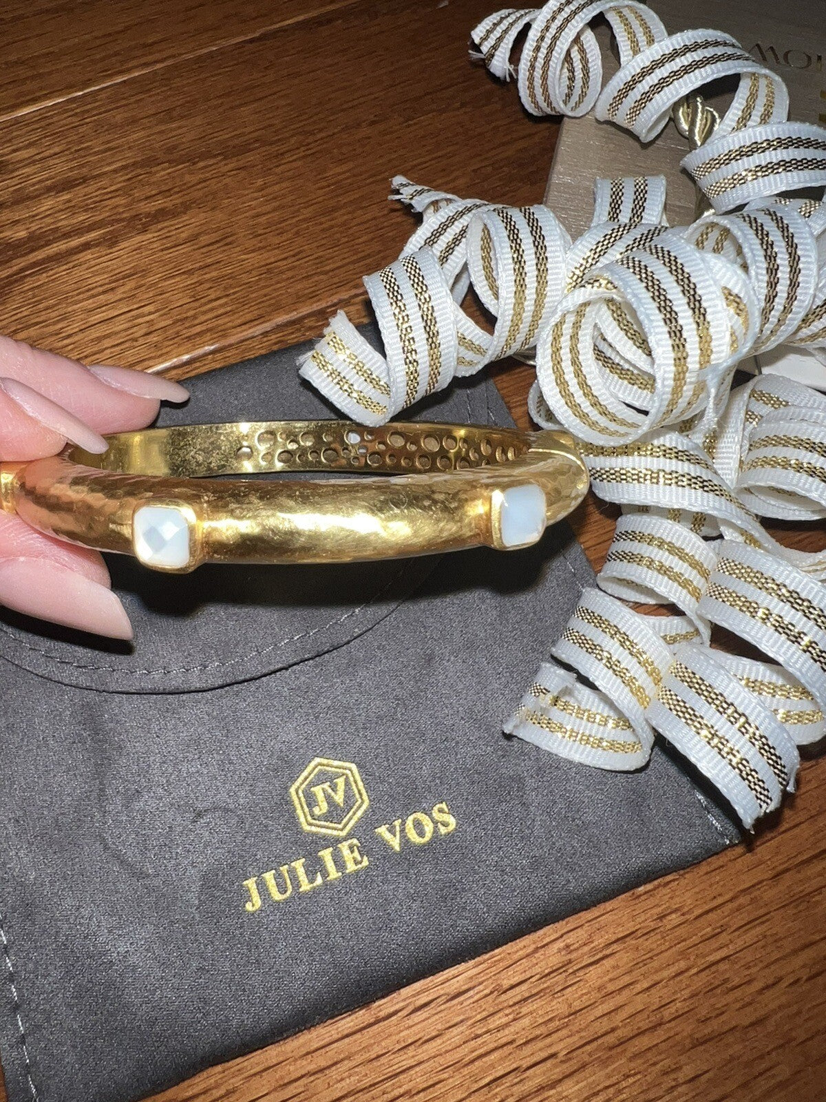 Julie Vos Hinged Bangle Bracelet Clear Iridescent Stones Slightly Milky In Color Julie Vos