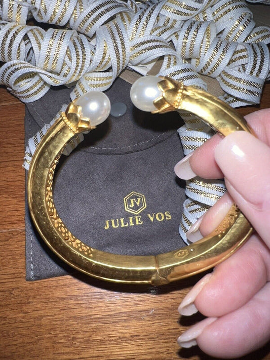 NEW Julie Vos Pearl & 24k Gold Plate Hinged Bangle Cuff Bracelet NWOT Classic