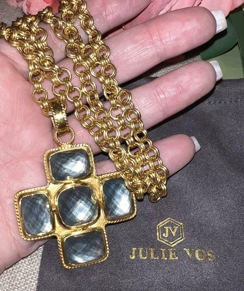 NEW Julie Vos Charcoal Blue & 24k Gold Plate Cross Statement Necklace & Pendant