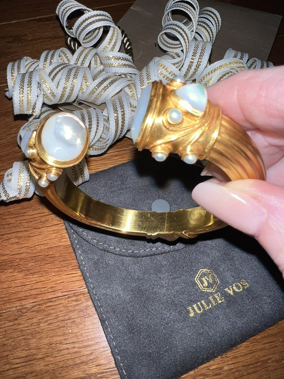 Julie Vos Hinged Bangle Cuff Bracelet 24k Gold Plate & Creamy White Julie Vos