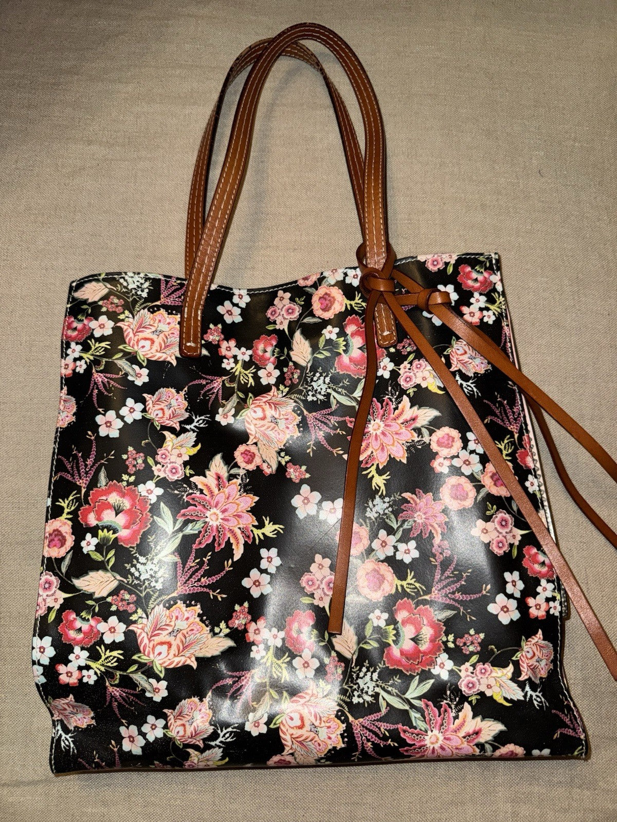 Johnny Was Black & Pink Coated Canvas Dreamer Bag Purse Tote Leather $428 Johnny Was