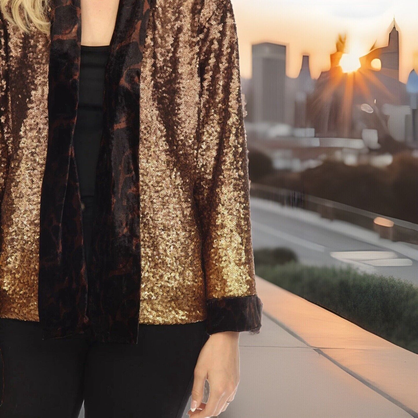 Johnny Was XL 1X Silk Velvet & Sequin Gold & Leopard KIMONO Jacket Wrap Coat