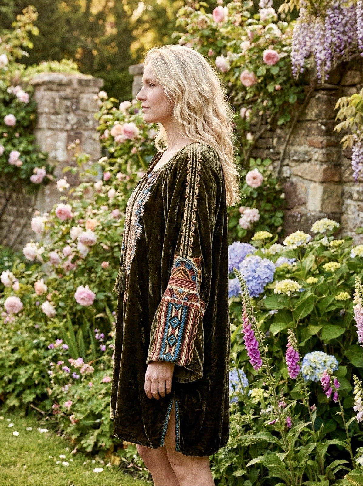 Johnny Was XL Olive Brown Velvet Peasant Blouse Embroidered Tunic Top Mini Dress Johnny Was