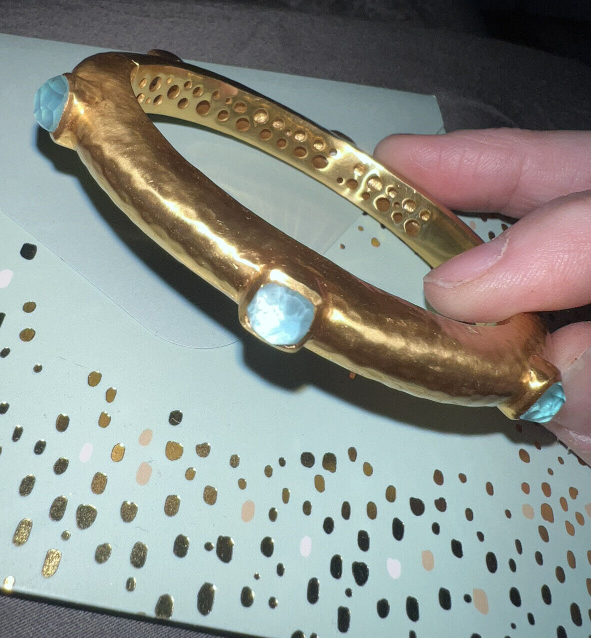 NEW Julie Vos Hinged Bangle Bracelet W/ Light Blue Stones 24k Gold Plate NWOT