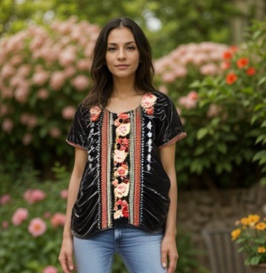 Johnny Was Top Womens XL Brown Velvet Floral Embroidered Short Sleeve Boho