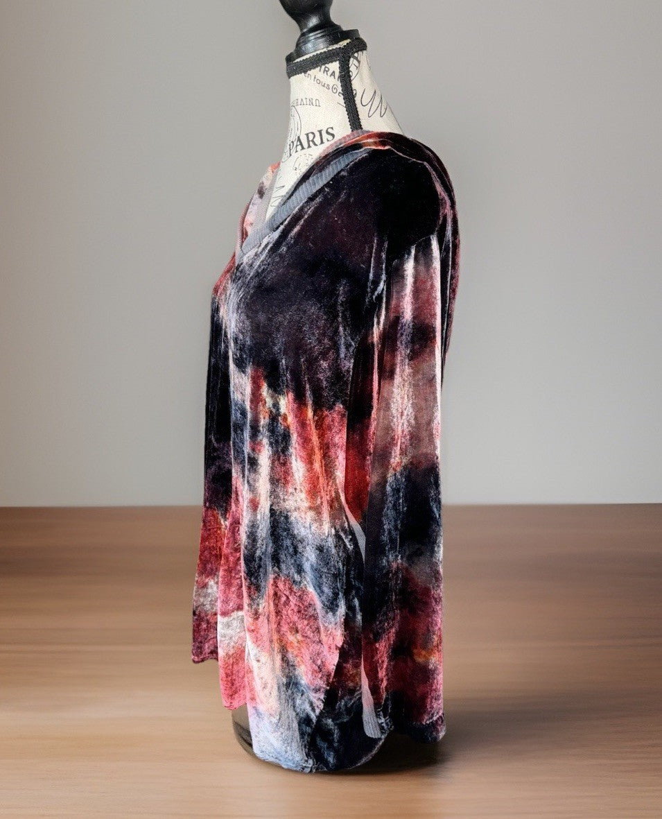 Johnny Was L Large Black & Red Velvet Hoodie Pullover Sweatshirt Tunic Top WARM Johnny Was