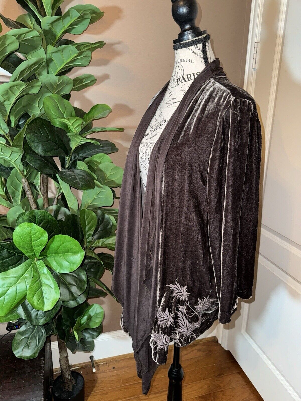 Johnny Was Large Velvet & Silk Panel Kimono Embroidery Wrap Cardigan Jacket