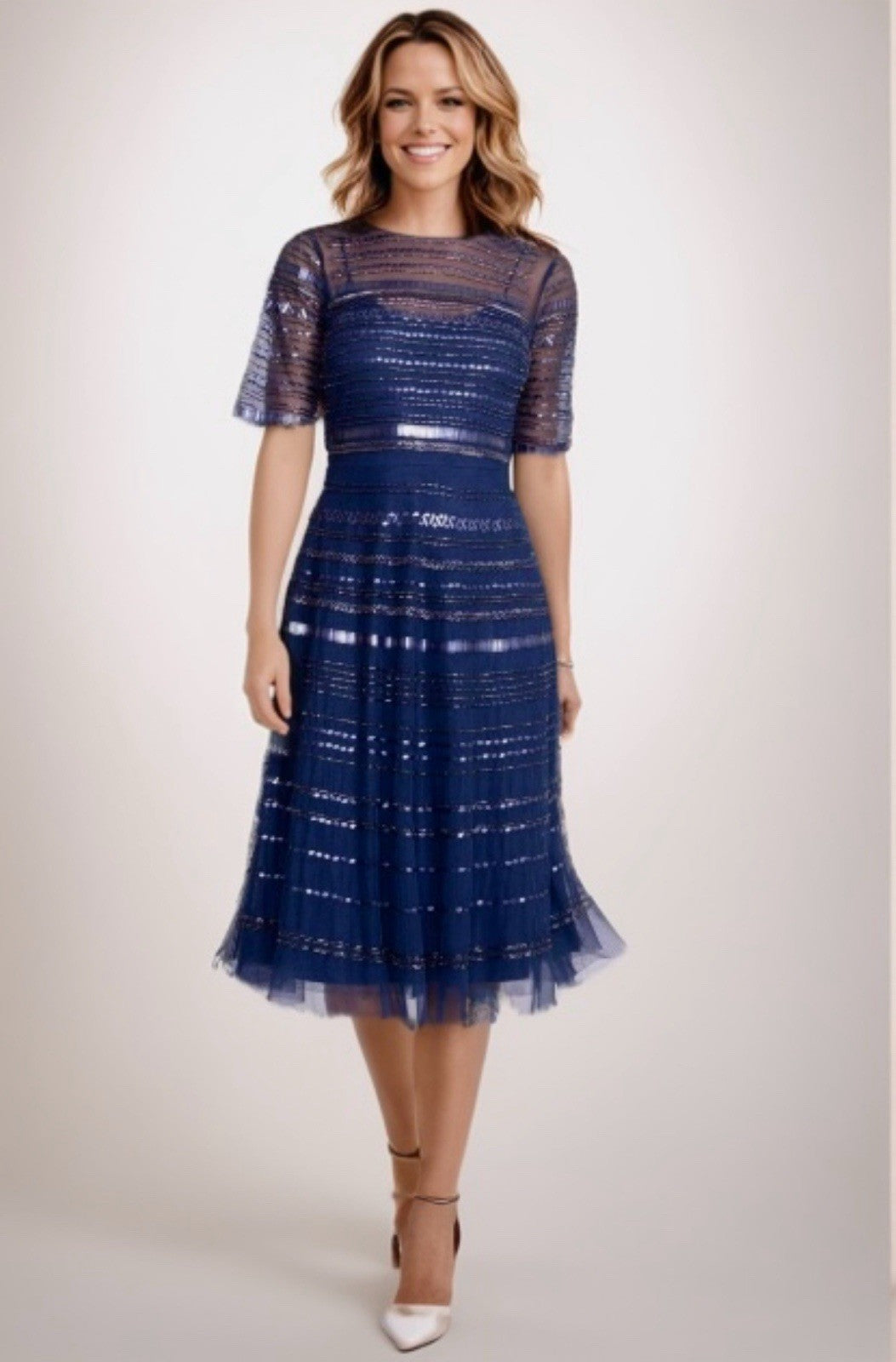 Johnny Was Sz 14 Blue Beaded Mesh Cocktail Party Dress $625 Retail Blk Label Johnny Was