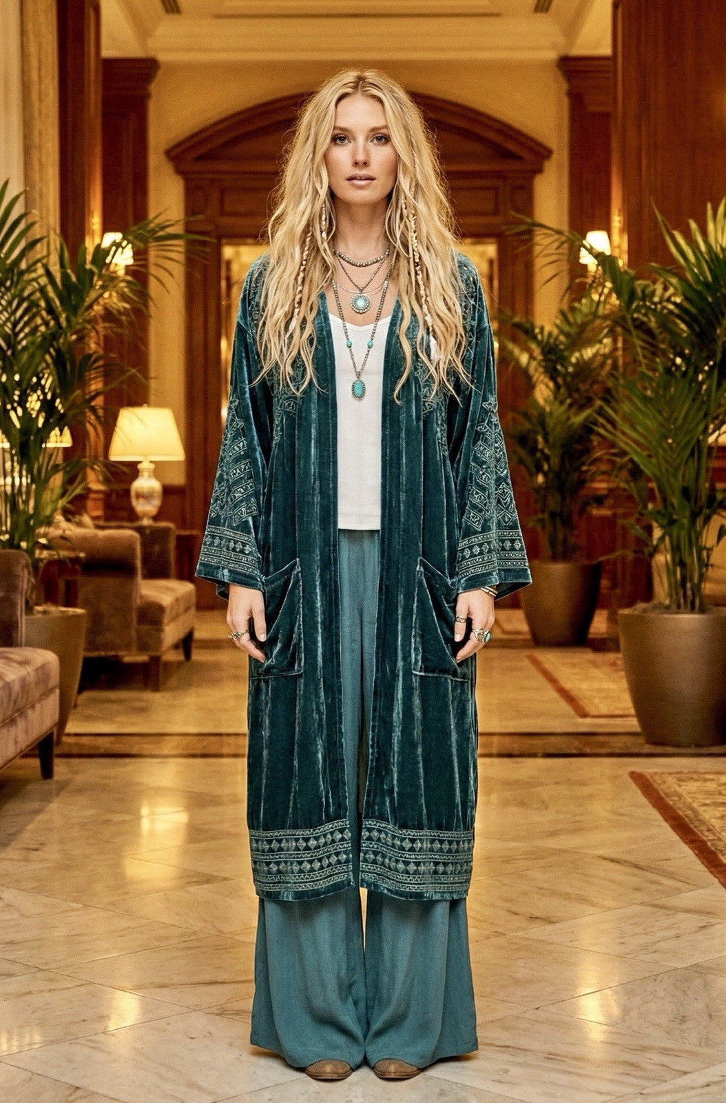 Johnny Was Jade L Large Velvet Long Kimono Duster Wrap Green Coat Embroidery Johnny Was