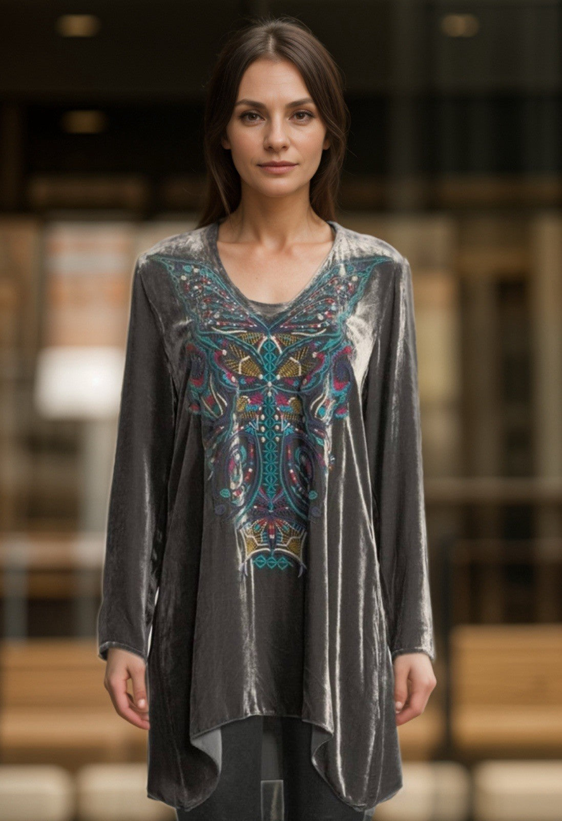 Johnny Was L Large Grey Velvet Butterfly Tunic Top Mini Dress Embroidered Johnny Was