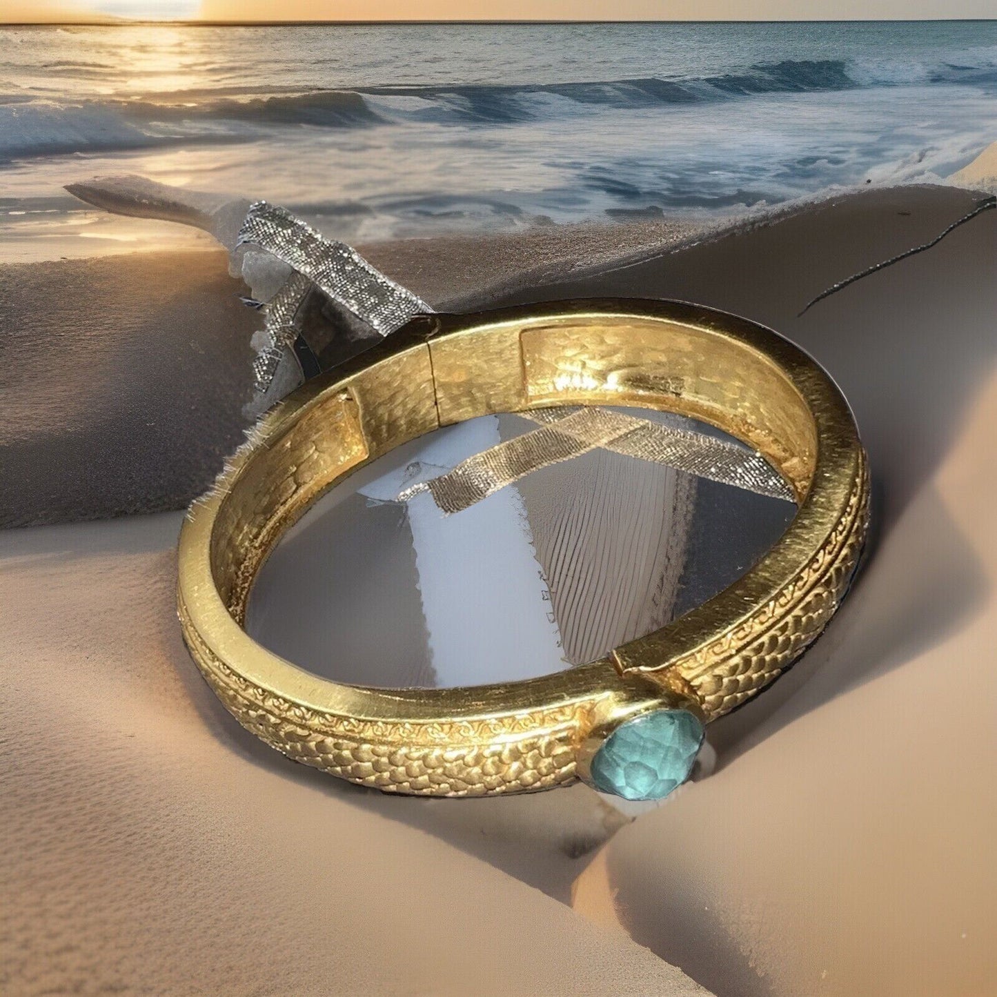 Julie Vos Hinged Bangle with Bahamian Blue Stone & 24k Plated  RETIRED Julie Vos