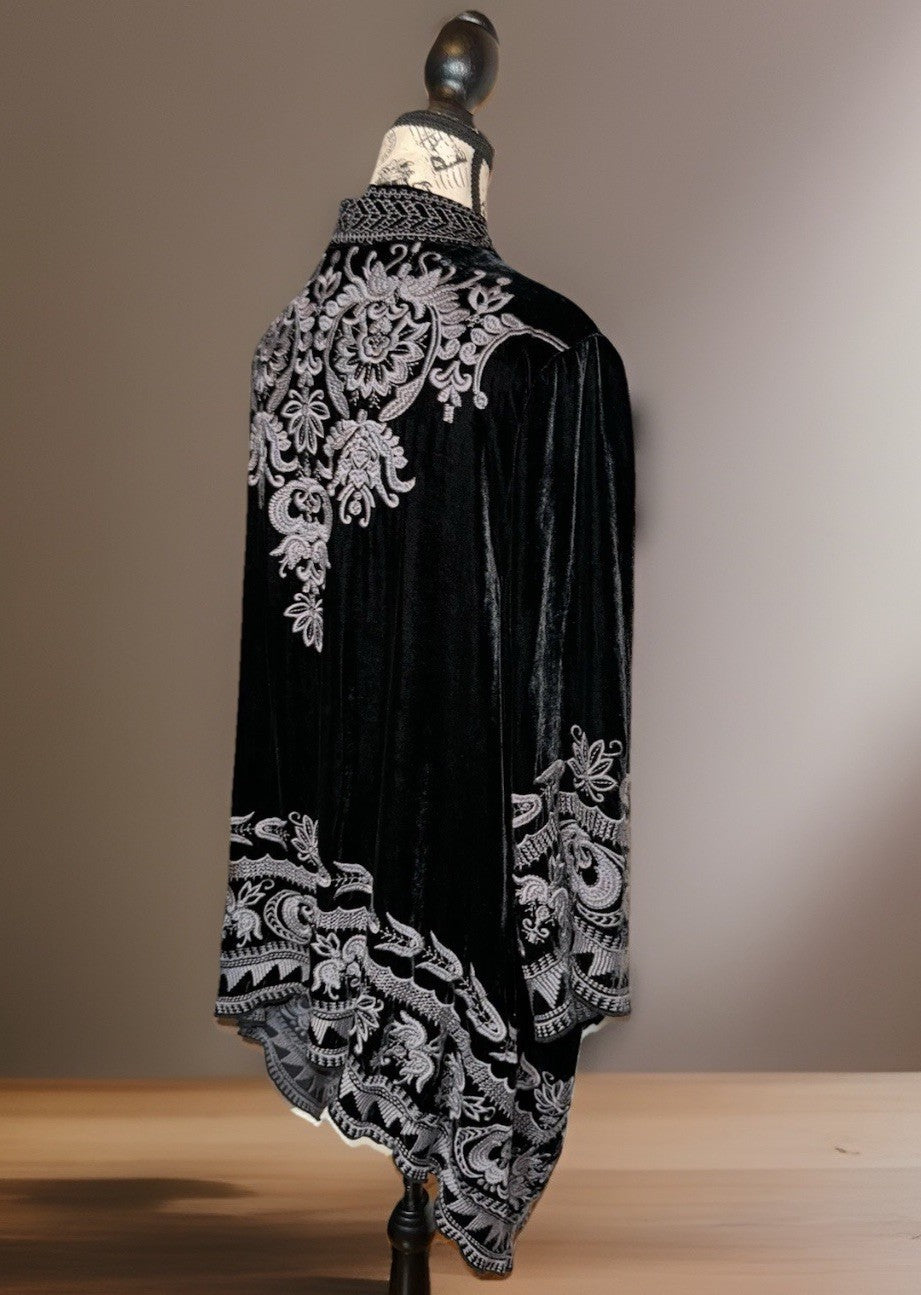 Johnny Was XL Black Velvet Kimono Duster  Cardigan Embroidery Handkerchief Hem Johnny Was