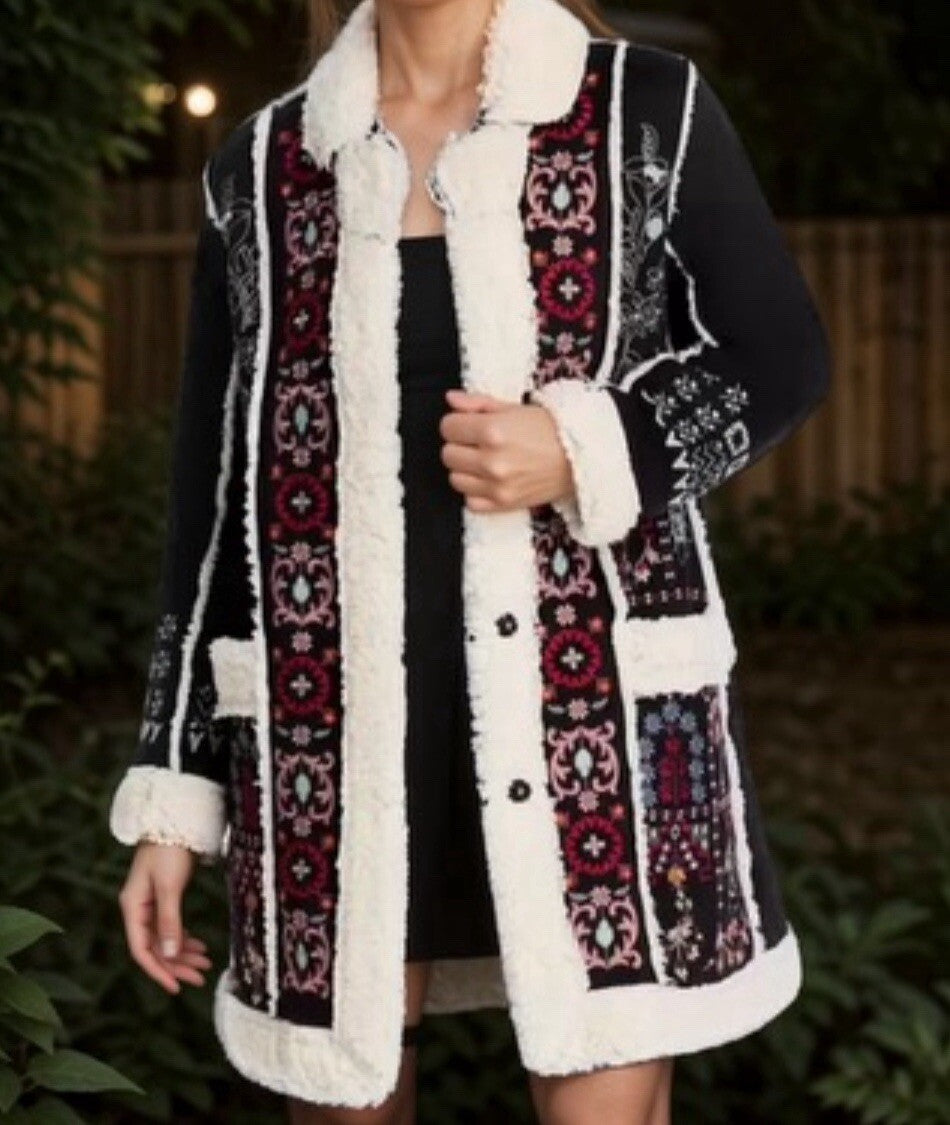 Johnny Was 2X Faux Suede Sherpa Coat Jacket Wrap Shearling Lined BOHO Johnny Was