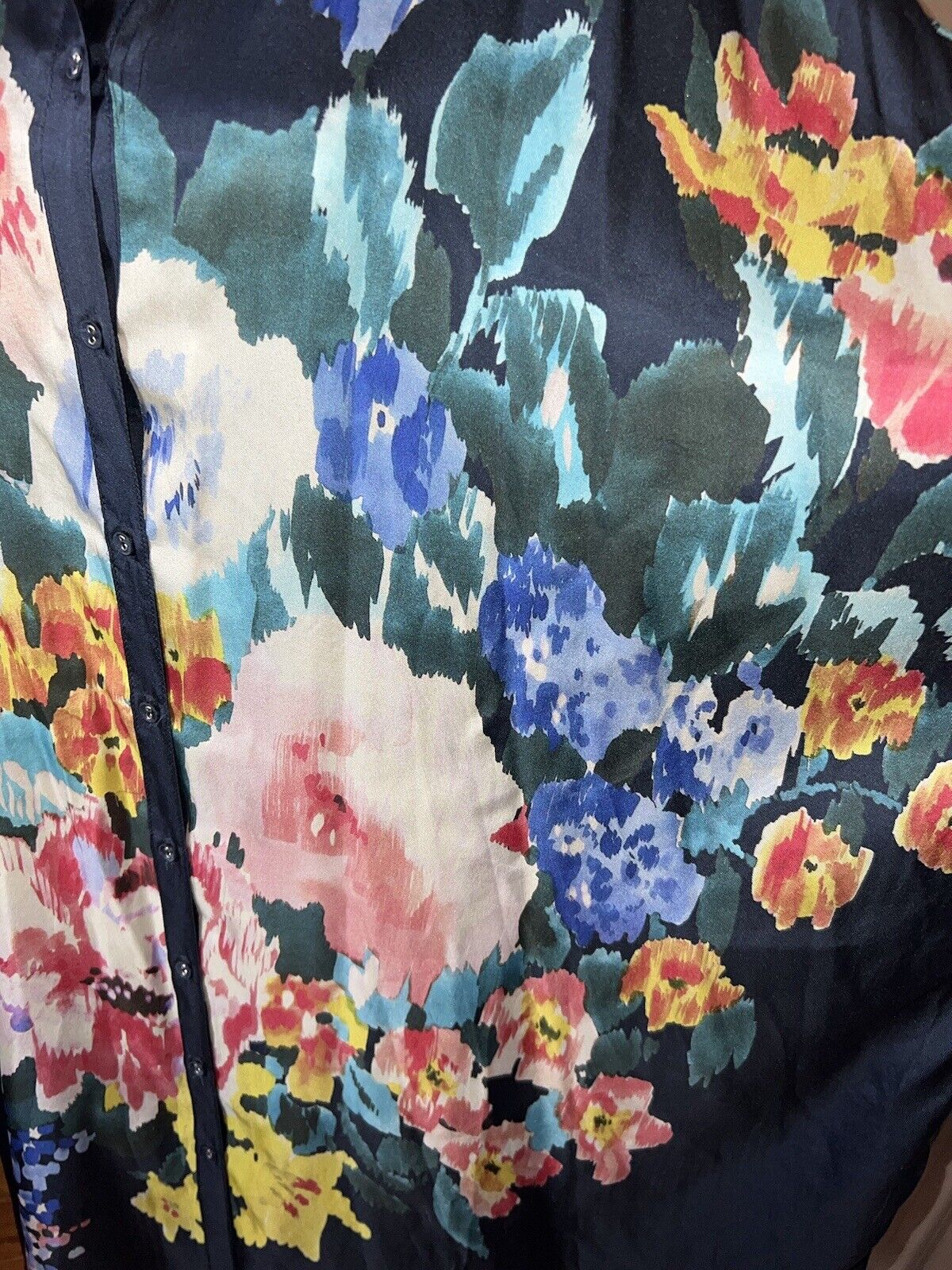 Johnny Was 100% Silk Navy  Floral Tunic Top Kimono 2X 2XL XXL  Watercolor