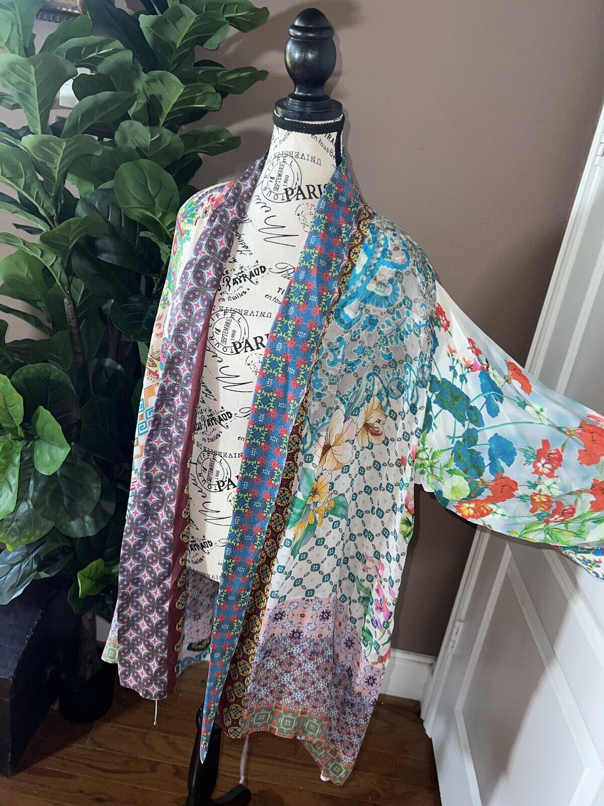 Johnny Was Silky Floral Kimono Wrap Cardigan Sz L Large Embroidered Pockets