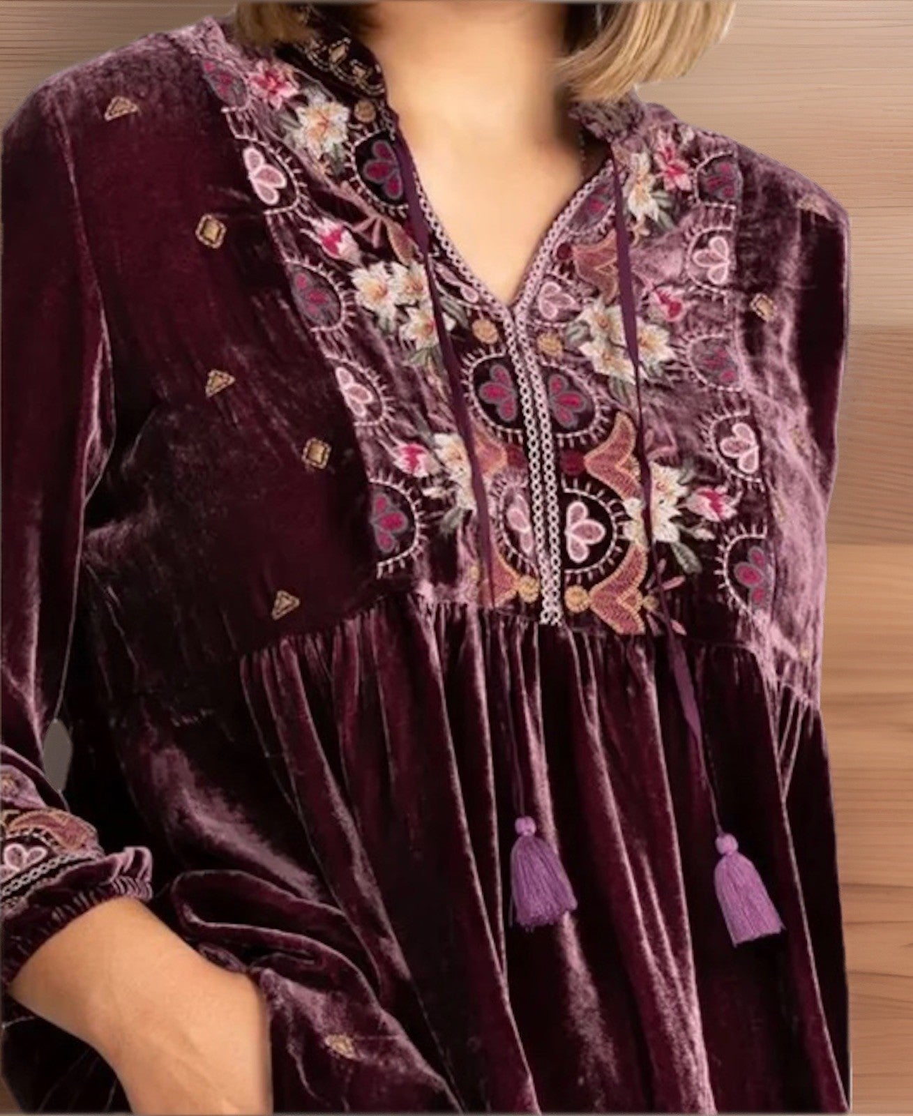 Johnny Was 1X Plus Burgundy Velvet Mini Shift Dress Peasant Tunic Embroidery Johnny Was
