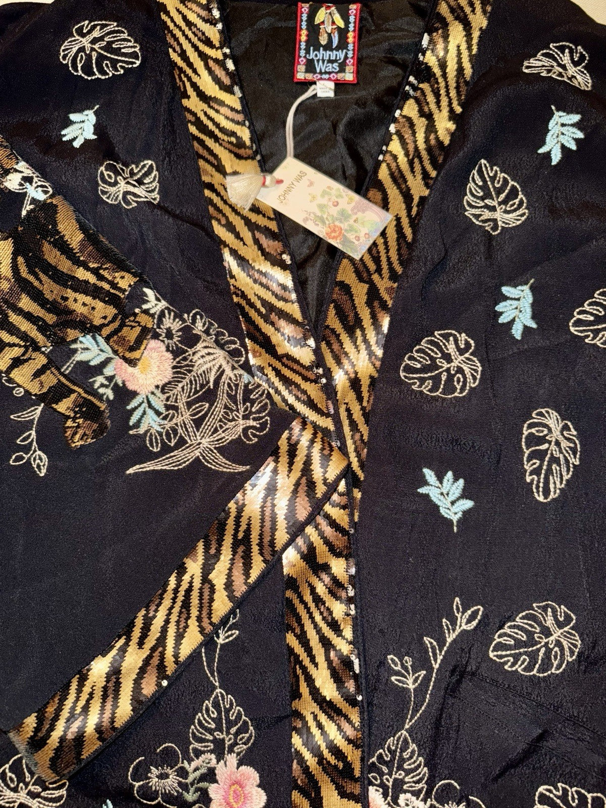 Johnny Was $490 L Large Black & Gold Sequin Kimono Jacket Tiger Silk Lined Johnny Was