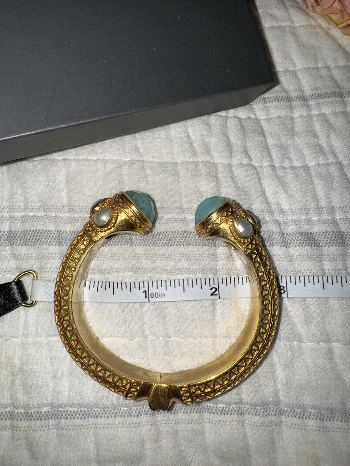 RETIRED Julie Vos Turquoise & Pearl Hinged Bangle Cuff Bracelet 24k Gold Plated