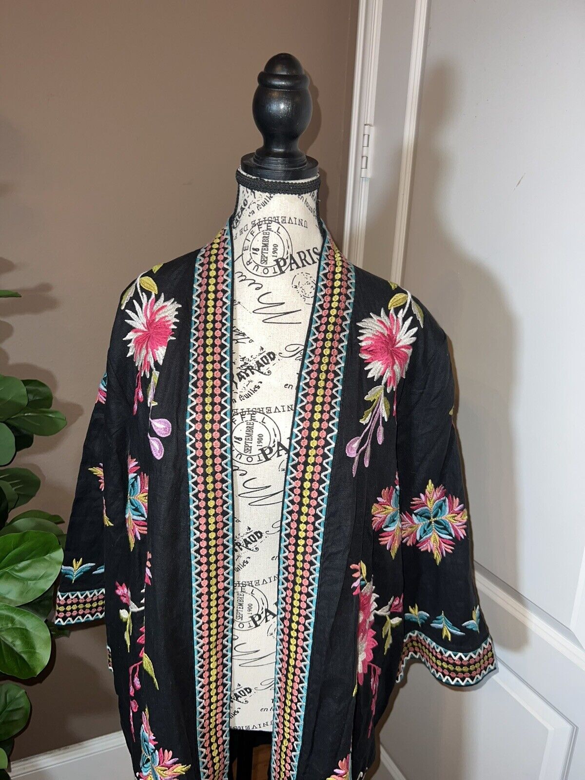 Johnny Was L Large Linen Long Kimono Duster Black Floral Embroidered