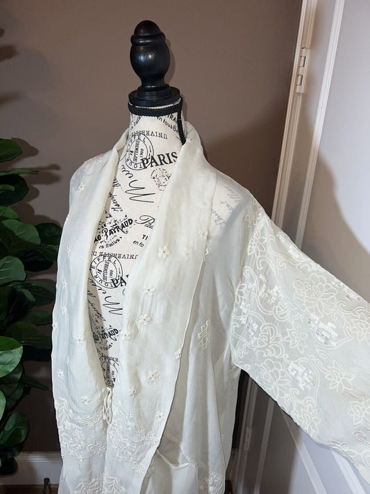 Johnny Was Ivory Ecru Silky Embroidery & Lace Kimono Beach Wedding L Large Wrap