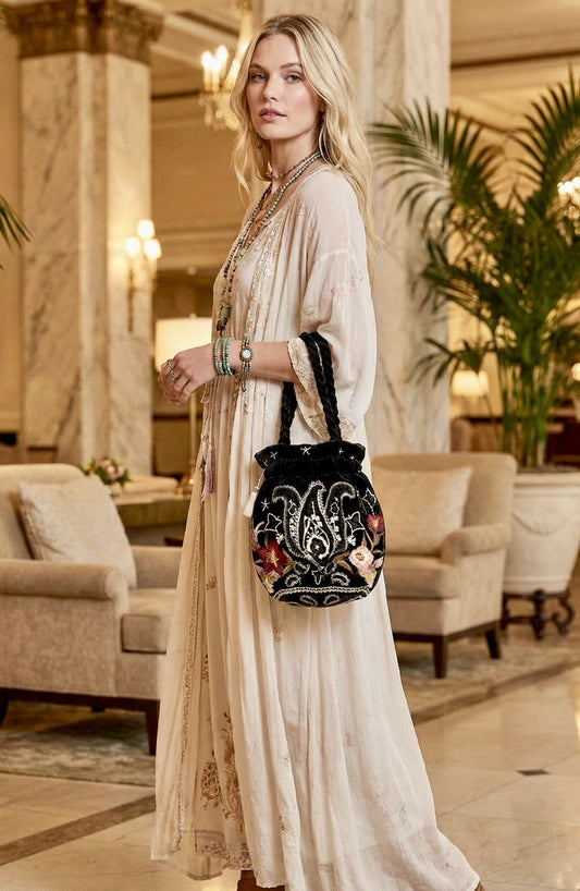 Johnny Was Black Velvet Embroidered Hobo Bag Tote Purse Pink Roses & Paisley Johnny Was