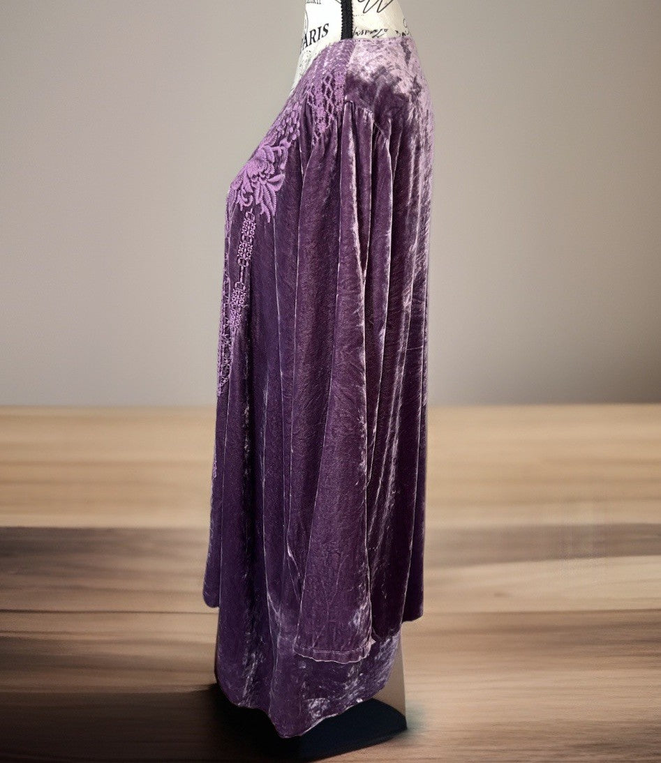 Johnny Was 3X 3XL  Purple Plum Velvet Tunic Top Mini Dress Tonal Embroidery Johnny Was