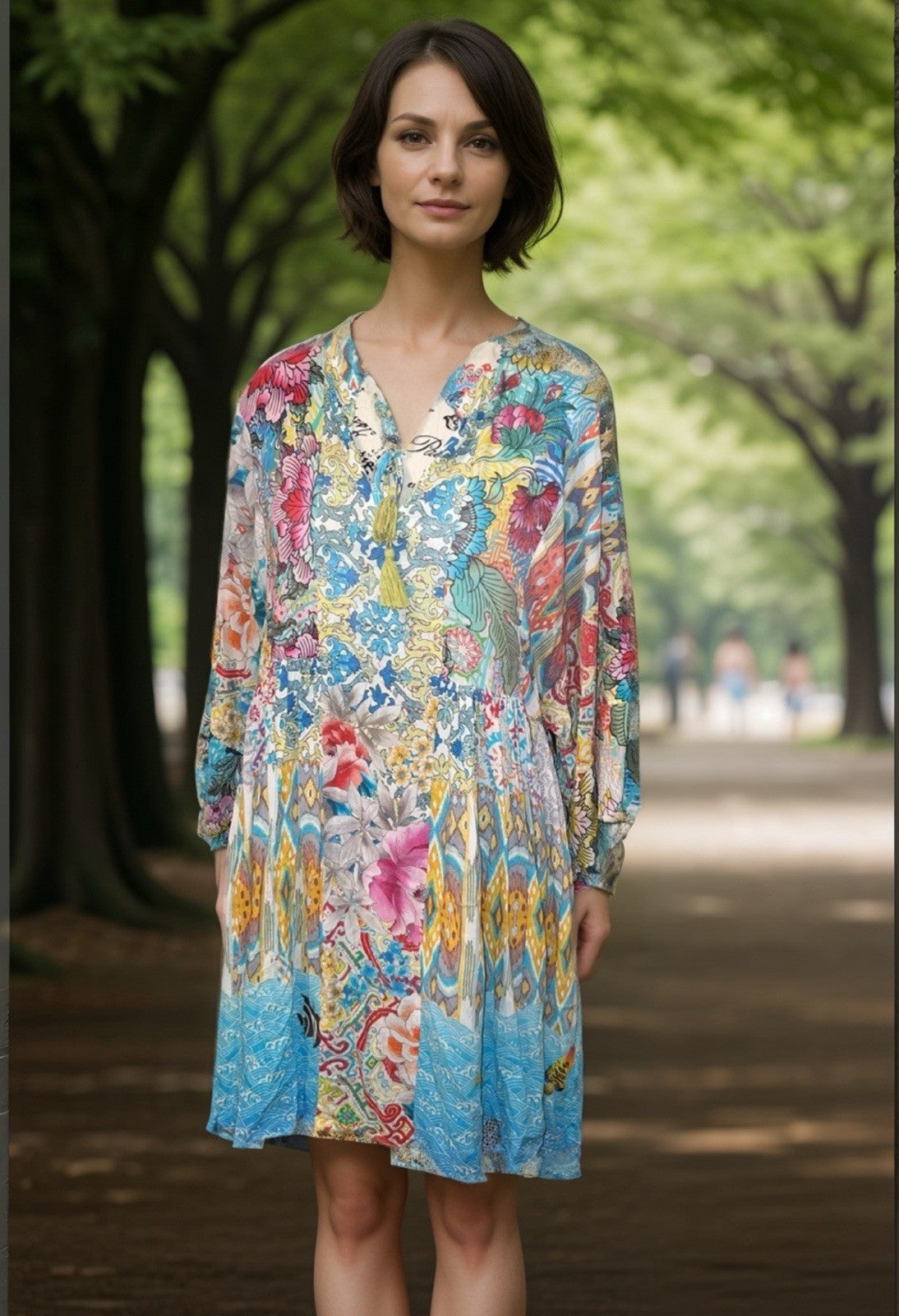 Johnny Was SZ L Large Cotton Floral Tunic Top Mini Dress Kimono Sleeves Tassels Johnny Was