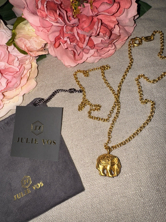 Julie Vos India Elephant Pendant Long Necklace 34” 24K Gold Plated Indian Julie Vos