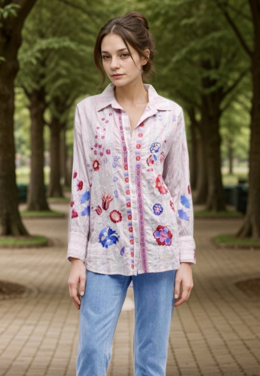 Johnny Was 3x Plus White Pink Button Up Blouse Tunic Top Shirt Lightweight Cool Johnny Was